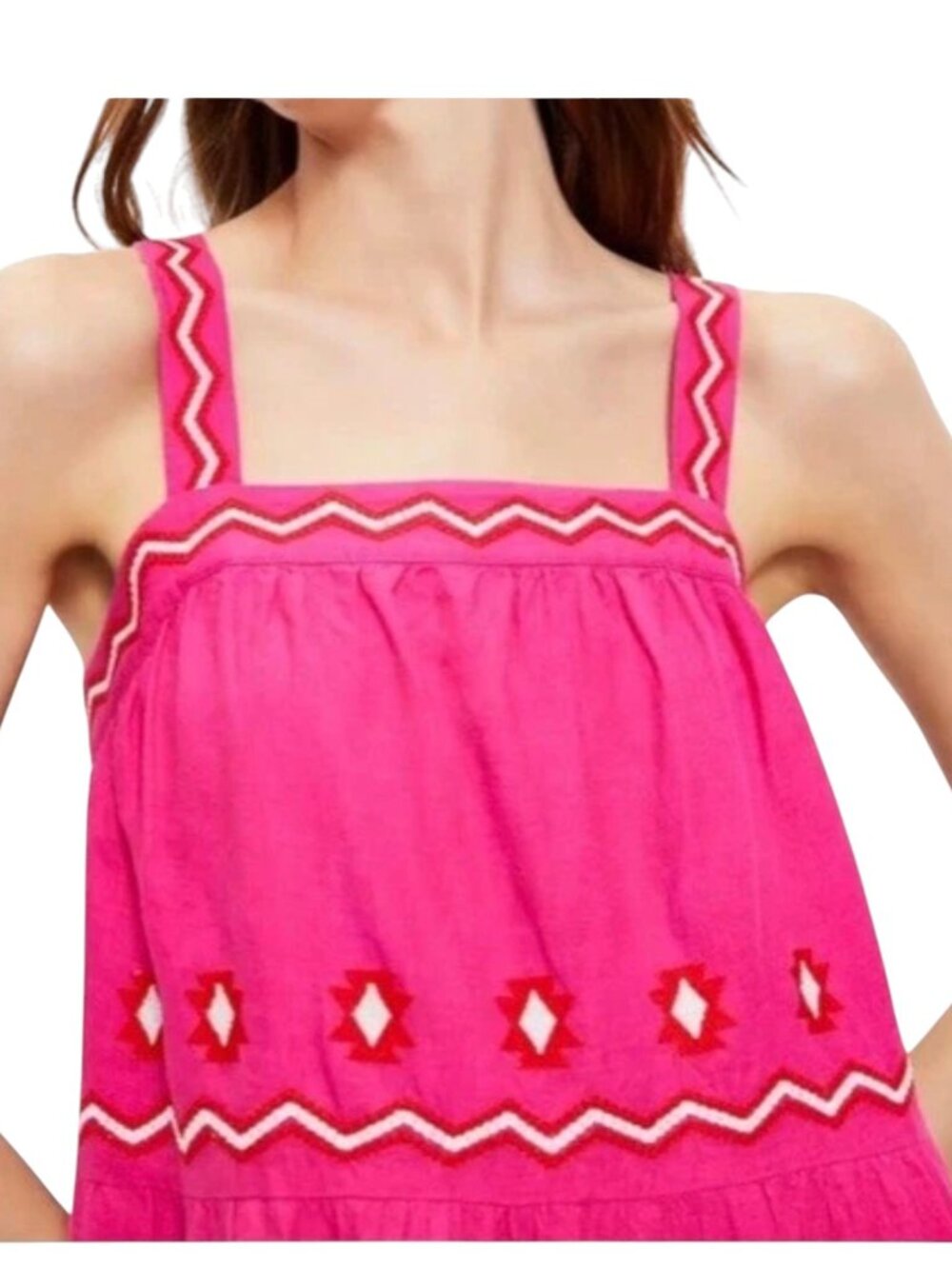 Loft Embroidered Tiered Square Neck Midi Dress, NWT, Pink, XS